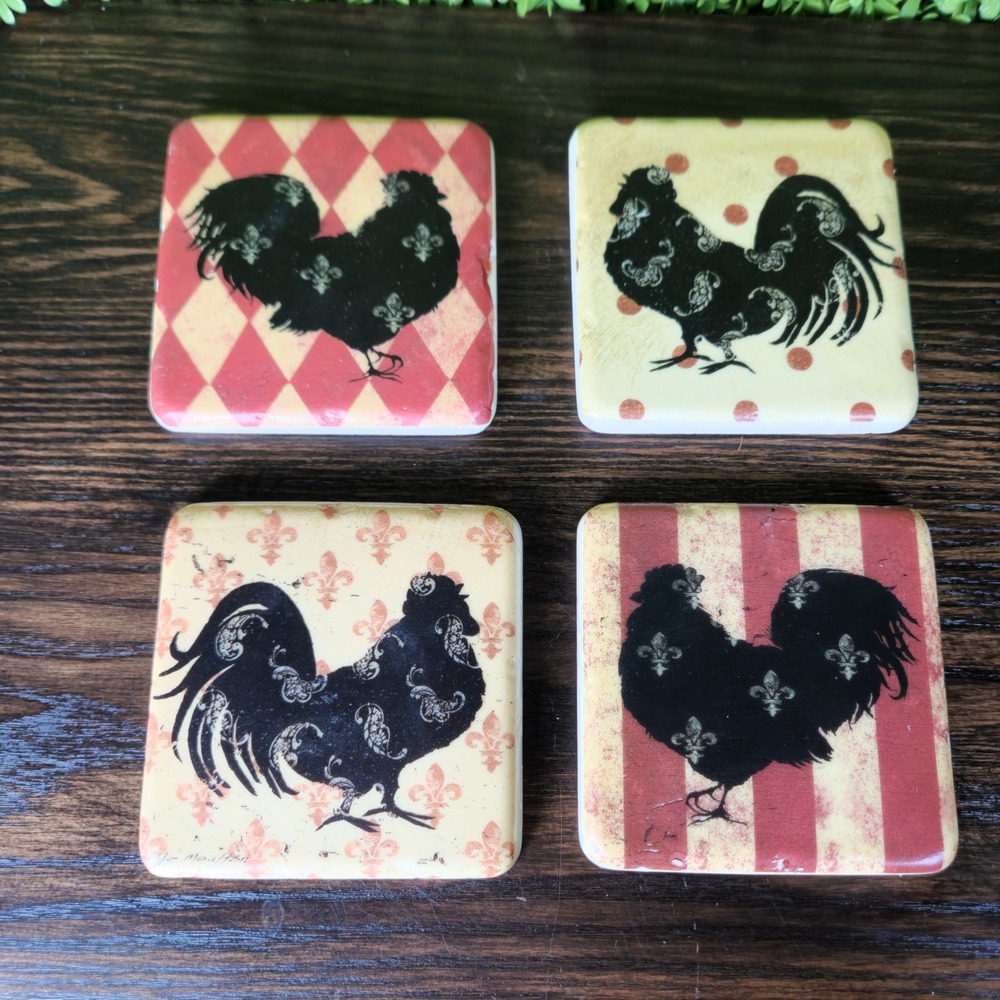 Pier 1 Imports Rooster Coaster Set of 4 French Country Farmhouse Polyresin Cork